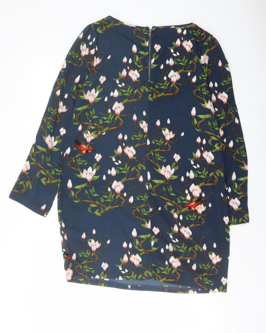 Dailing Womens Blue Floral Polyester A-Line Size M Round Neck Zip