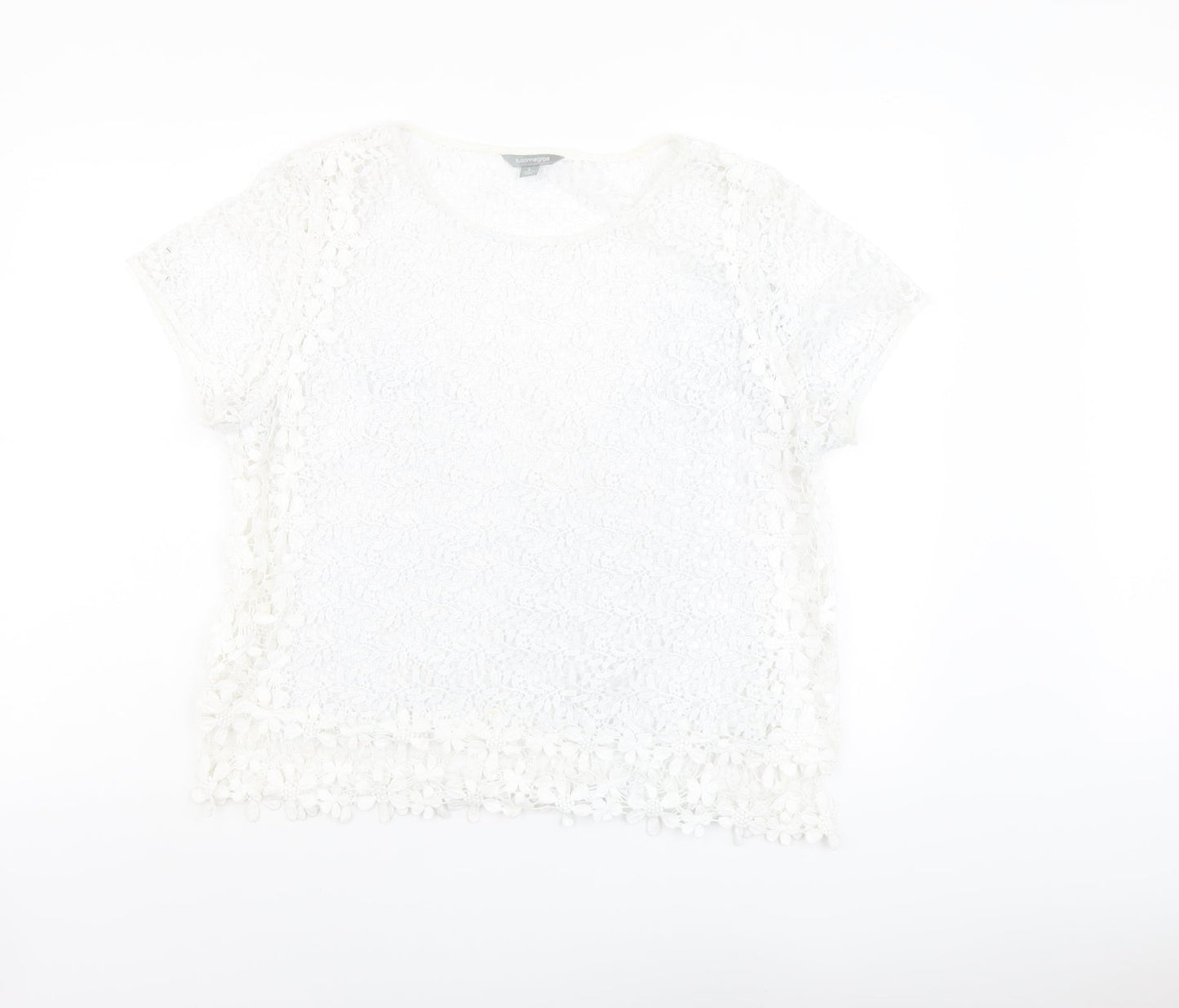 Suzanne Grae Womens White Floral Polyester Basic T-Shirt Size L Round Neck
