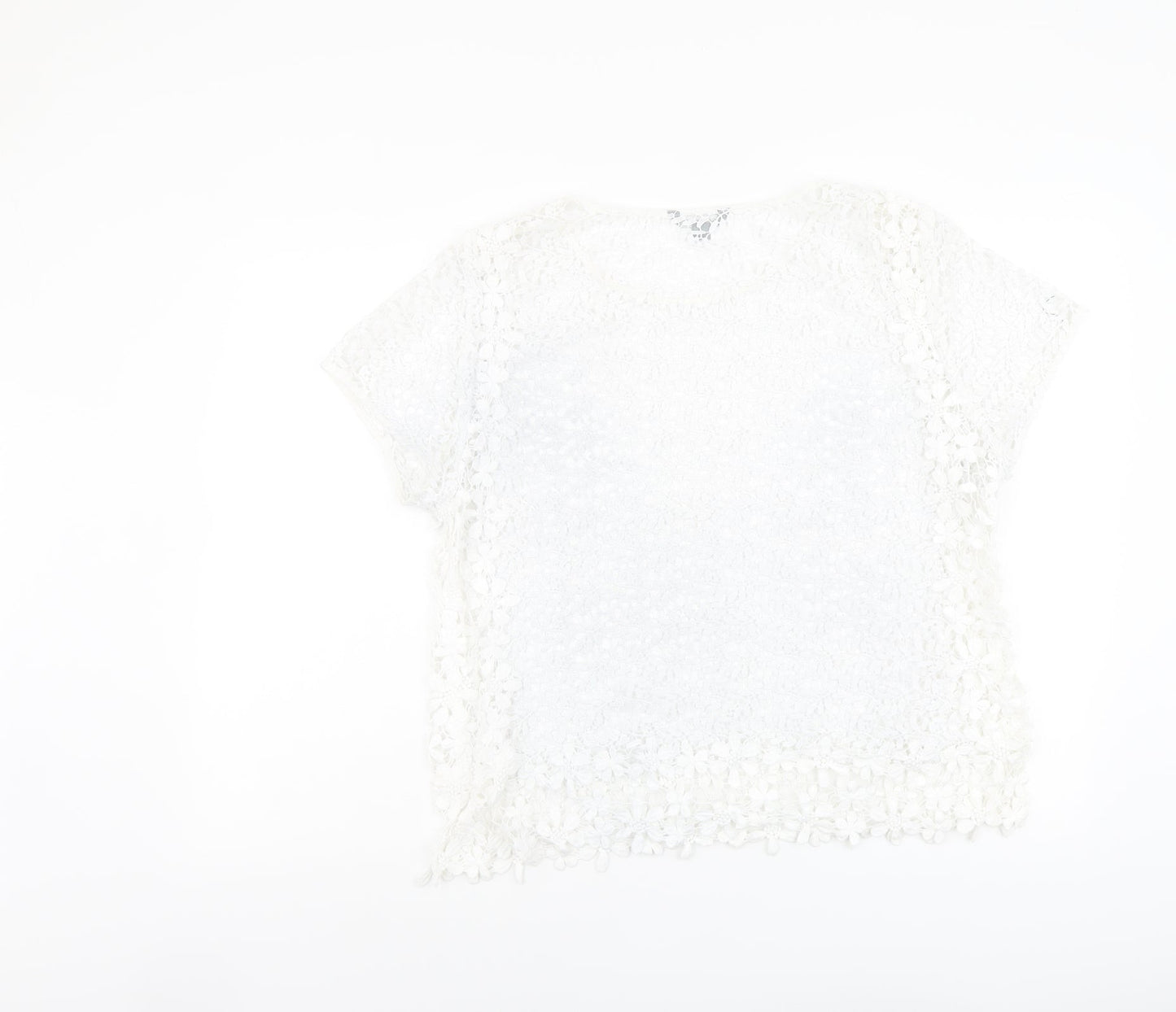 Suzanne Grae Womens White Floral Polyester Basic T-Shirt Size L Round Neck
