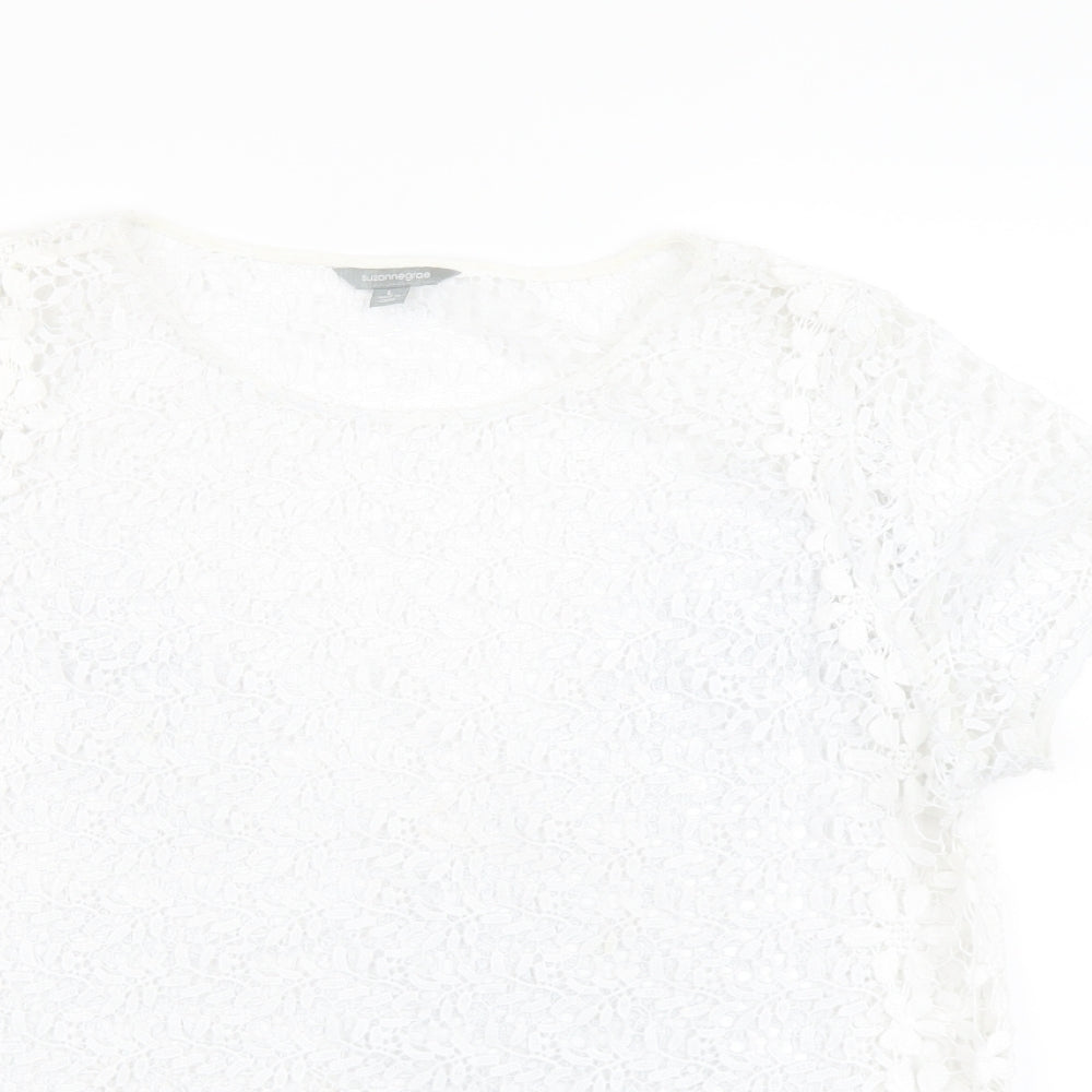 Suzanne Grae Womens White Floral Polyester Basic T-Shirt Size L Round Neck