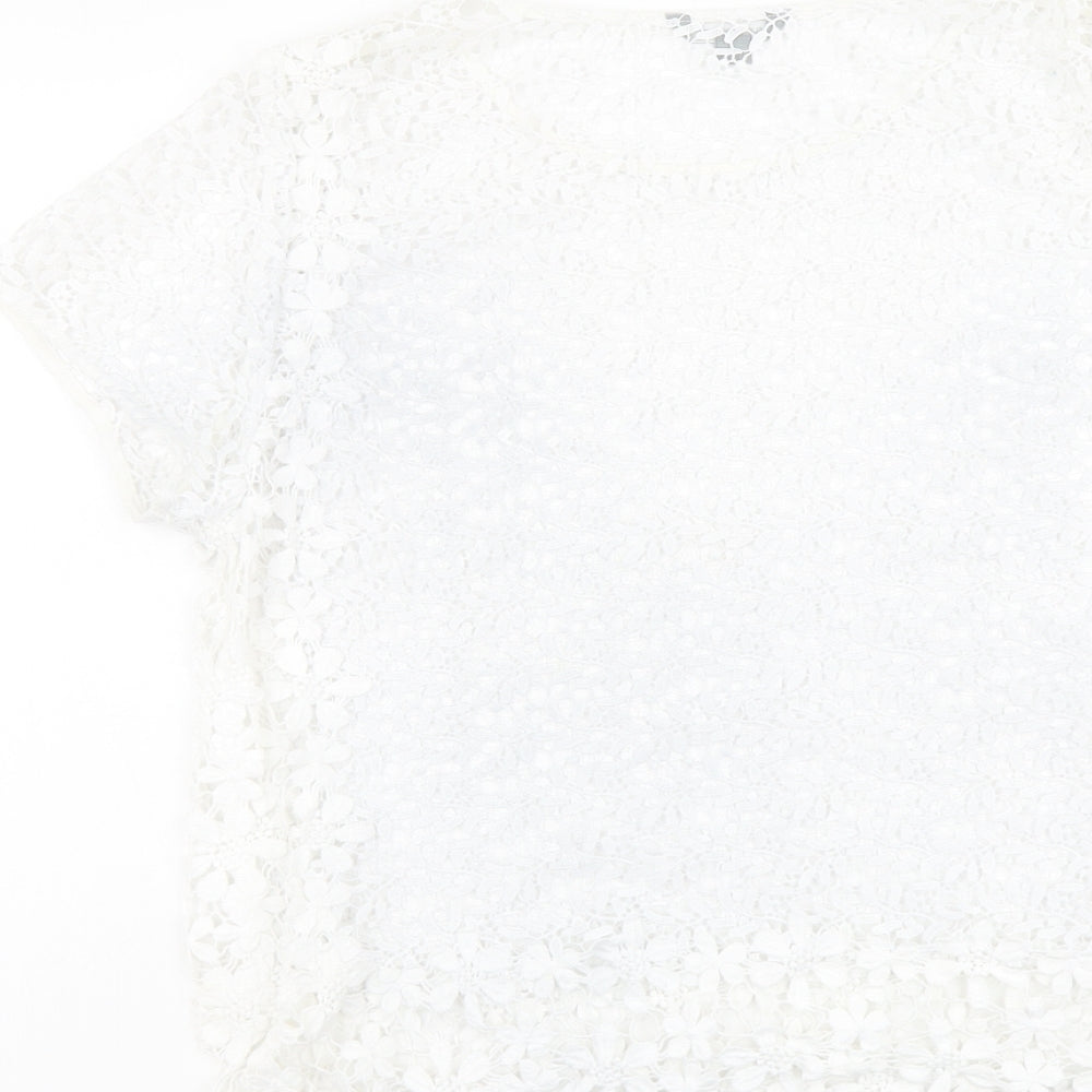 Suzanne Grae Womens White Floral Polyester Basic T-Shirt Size L Round Neck