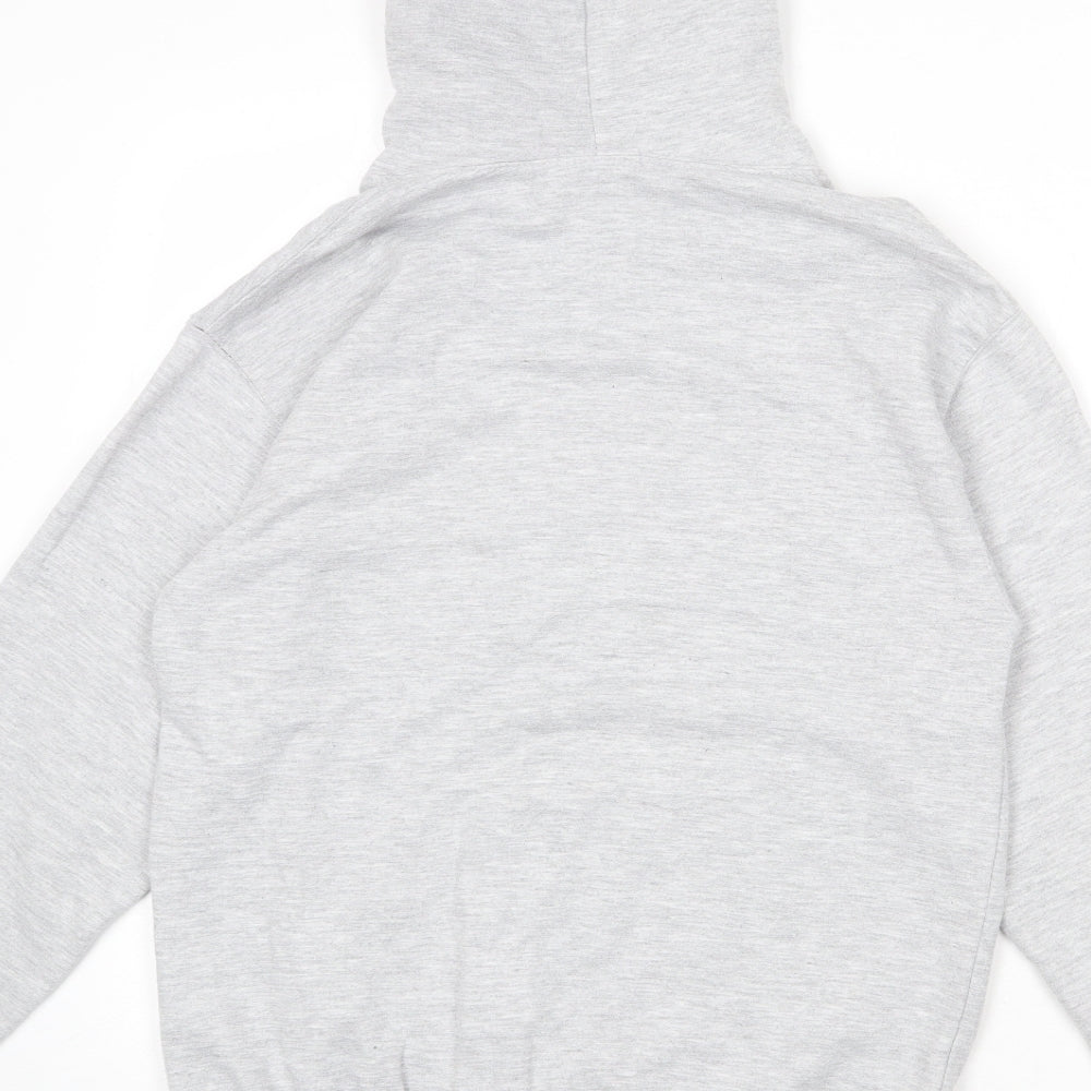 Brand and care label for I SAW IT FIRST women’s grey cotton pullover hoodie, size S, pullover