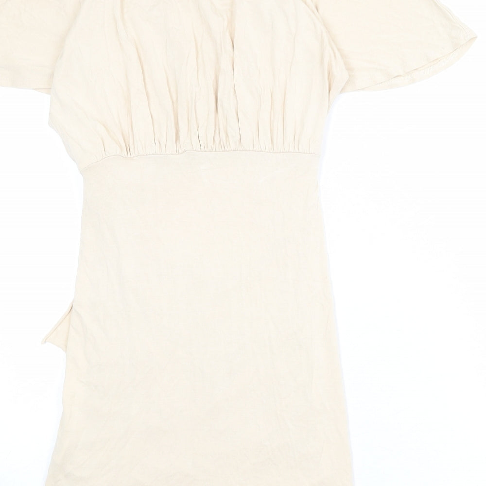 Brand and care label for ASOS women’s beige viscose mini, size UK 8, cowl neck pullover