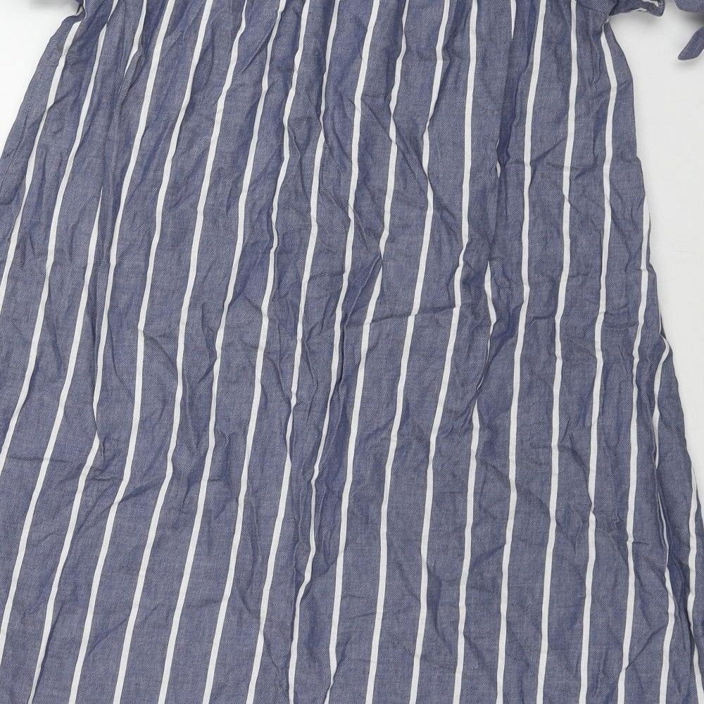 Brand and care label for ASOS women’s blue striped cotton a-line, size UK 10, off the shoulder pullover
