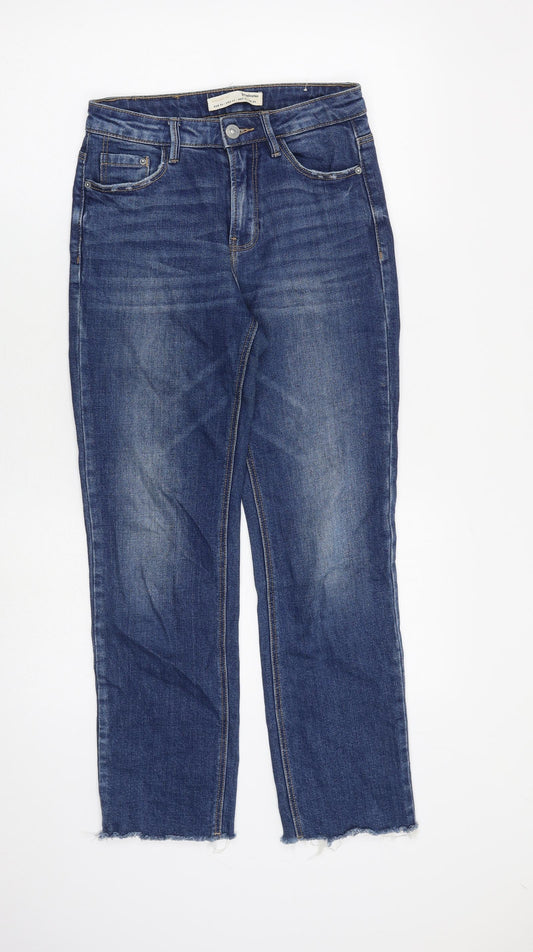 Stradivarius Womens Blue Cotton Straight Jeans Size 6 L27 in Regular Zip - Raw Hem