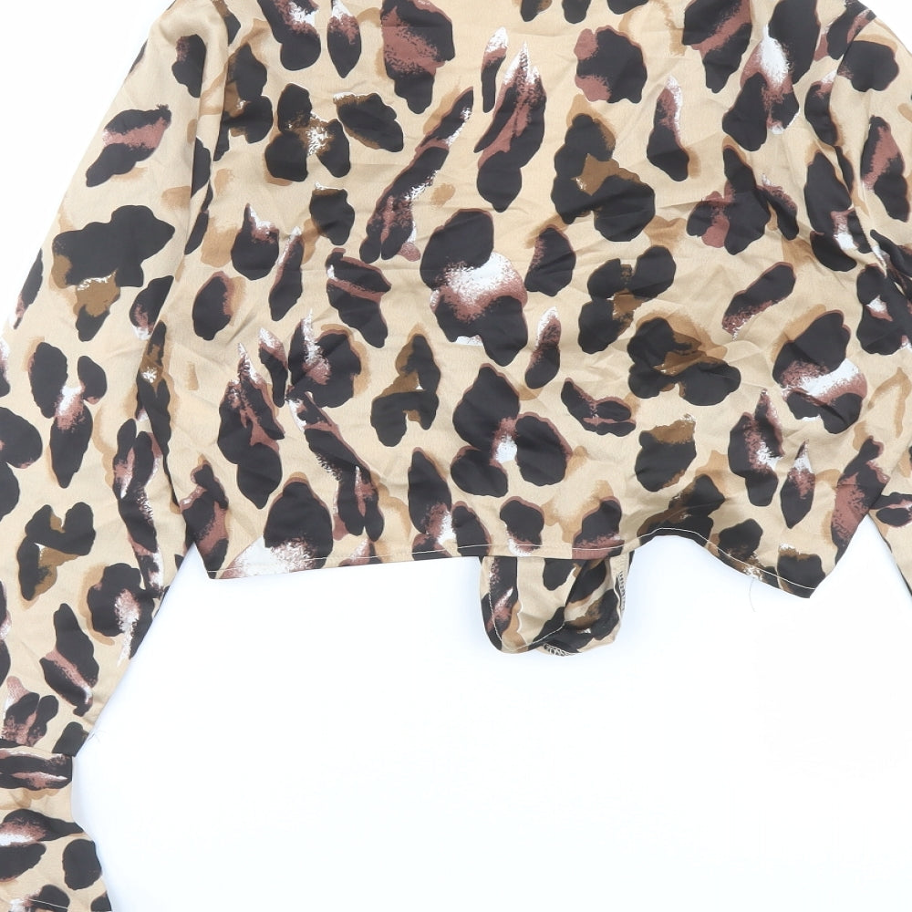 Lola May Womens Brown Animal Print Polyester Cropped Blouse Size 12 V-Neck - Leopard Print