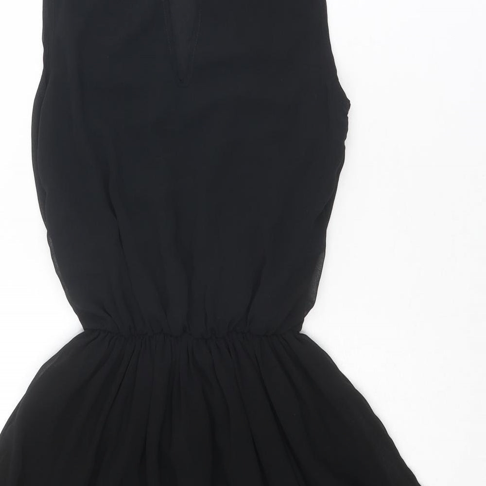 Brand and care label for ASOS women’s black polyester fit & flare, size UK 8, roll neck button