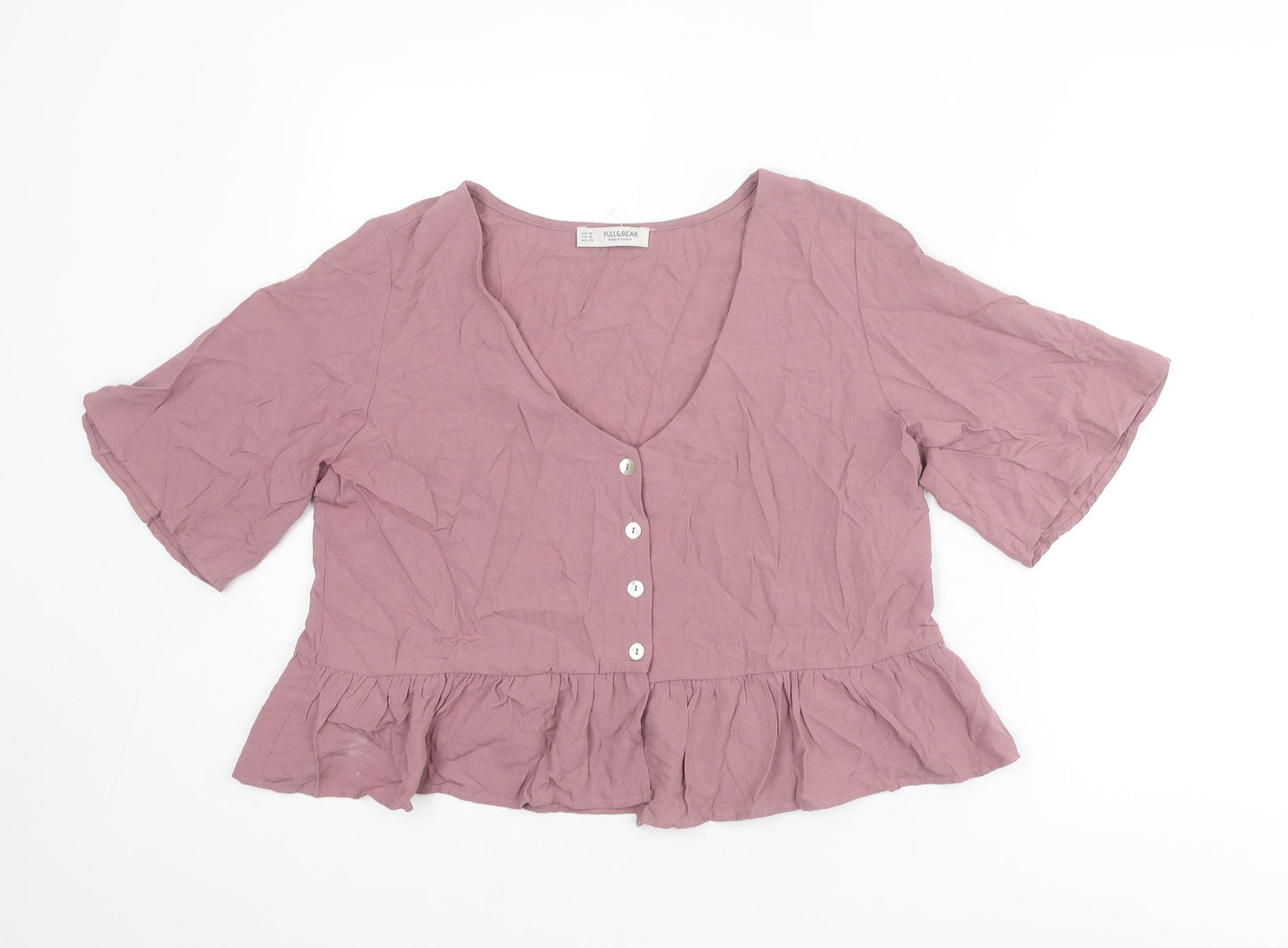 Pull&Bear Womens Purple Viscose Basic Blouse Size M V-Neck