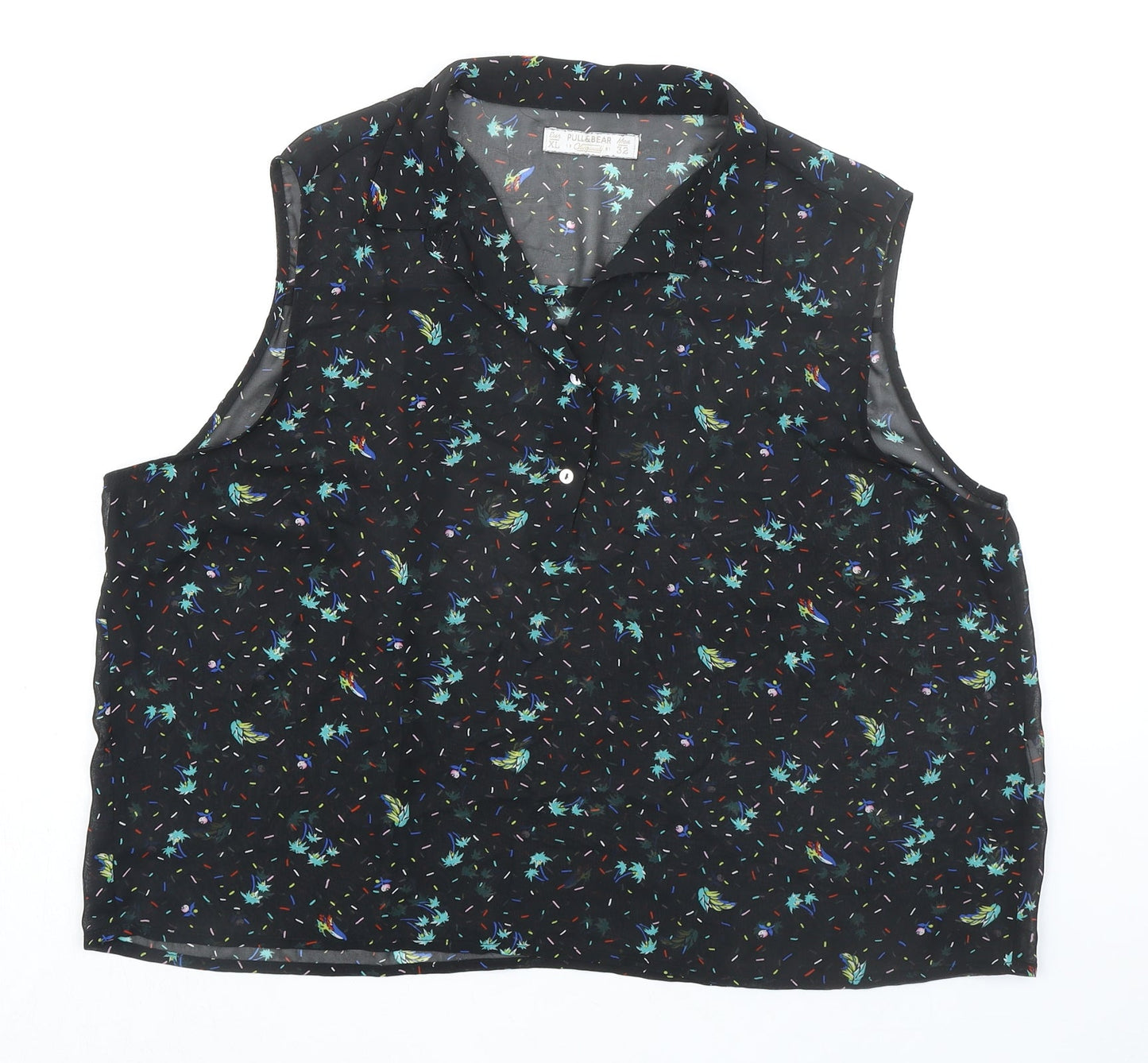 Pull&Bear Womens Black Geometric Polyester Basic Blouse Size L Collared