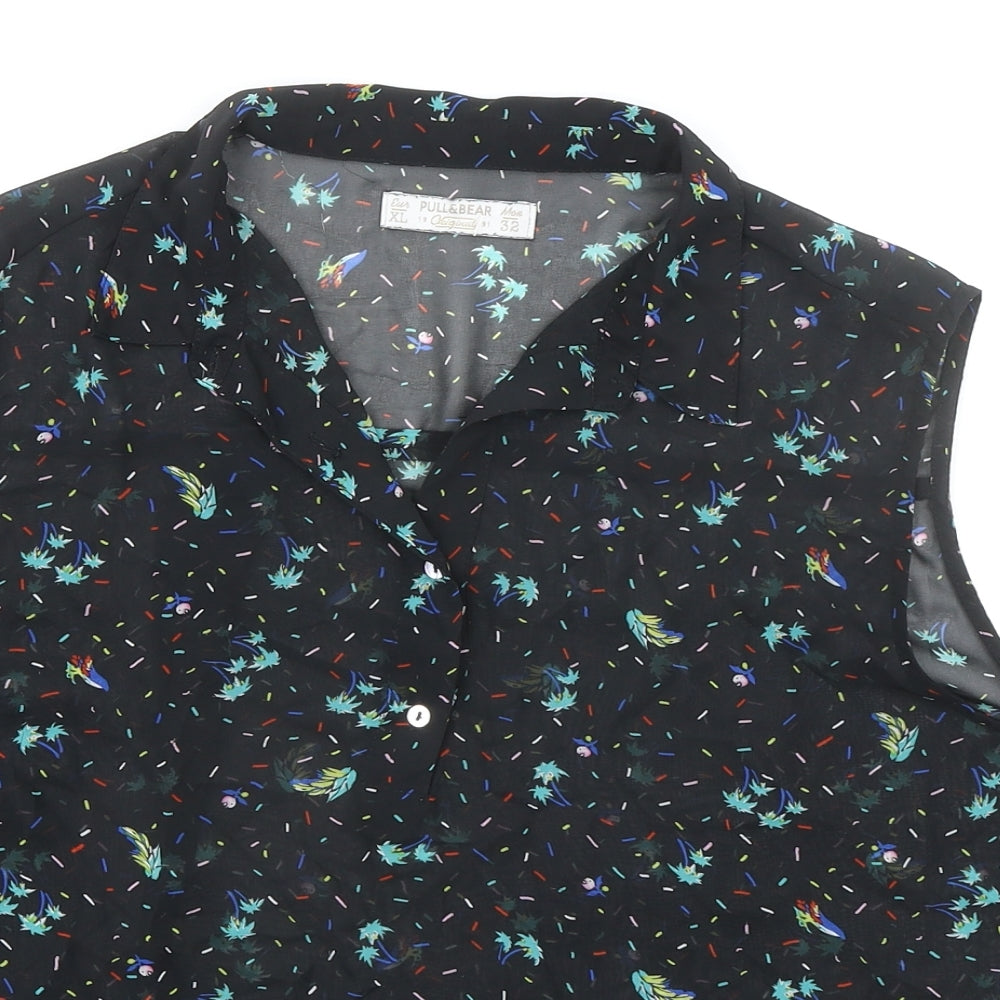 Pull&Bear Womens Black Geometric Polyester Basic Blouse Size L Collared
