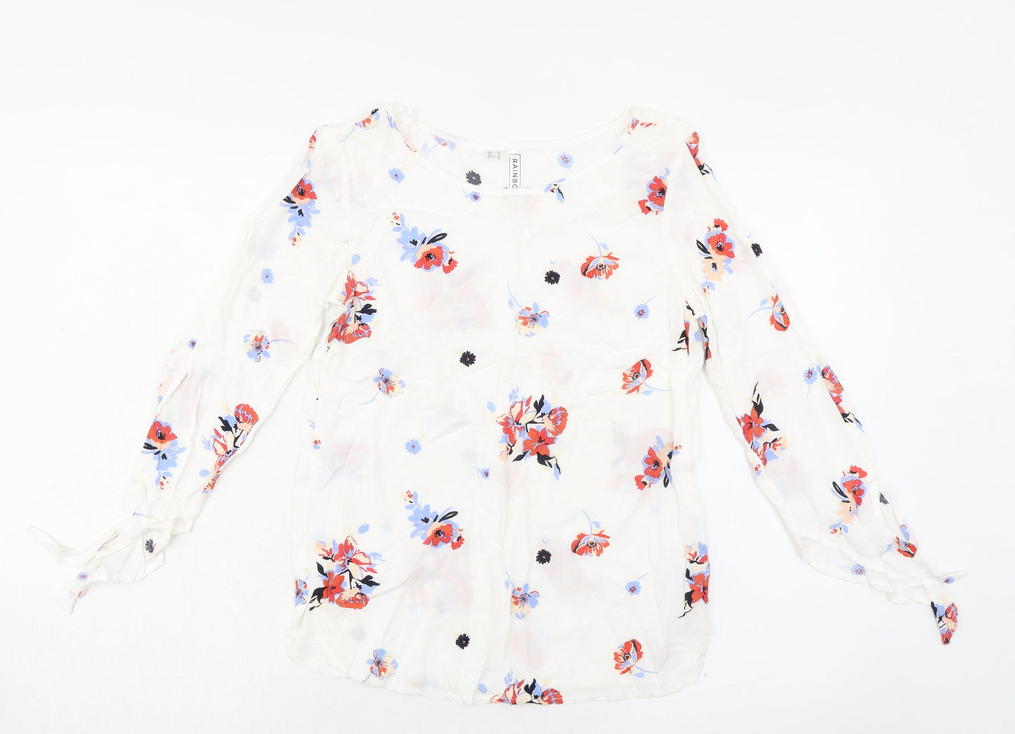 Rainbow Womens White Floral Viscose Basic Blouse Size 8 Round Neck