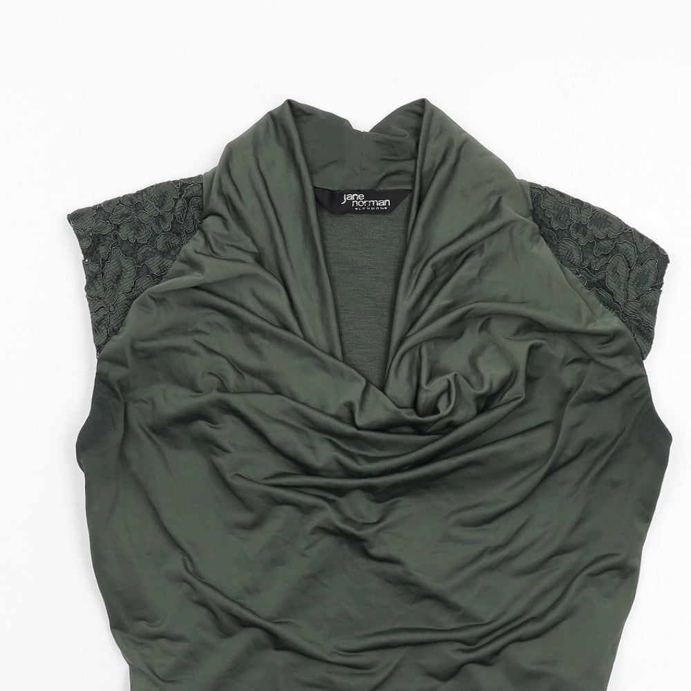 Jane Norman Womens Green Polyester Basic T-Shirt Size 8 Cowl Neck - Lace Details