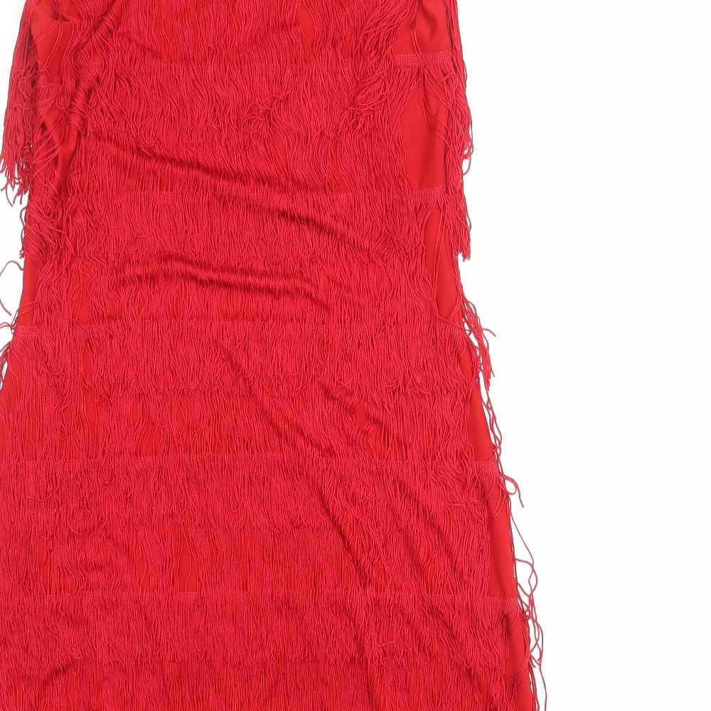Brand and care label for Roman women’s red polyester tank dress, size UK 10, round neck pullover