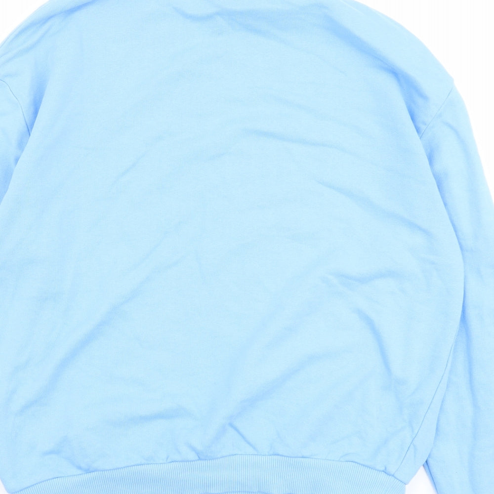 Brand and care label for ASOS women’s blue cotton pullover sweatshirt, size UK 8, pullover