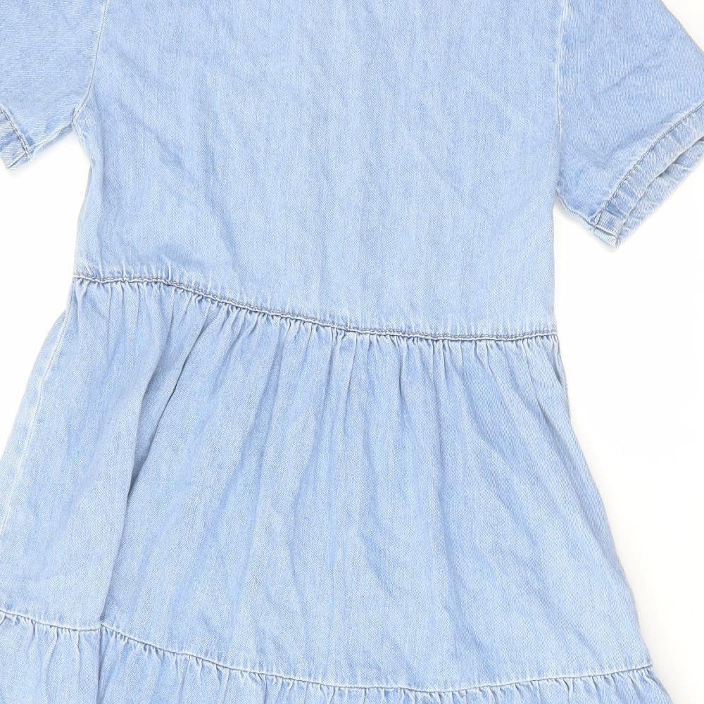 Brand and care label for Denim & Co. women’s blue cotton a-line, size UK 8, collared zip
