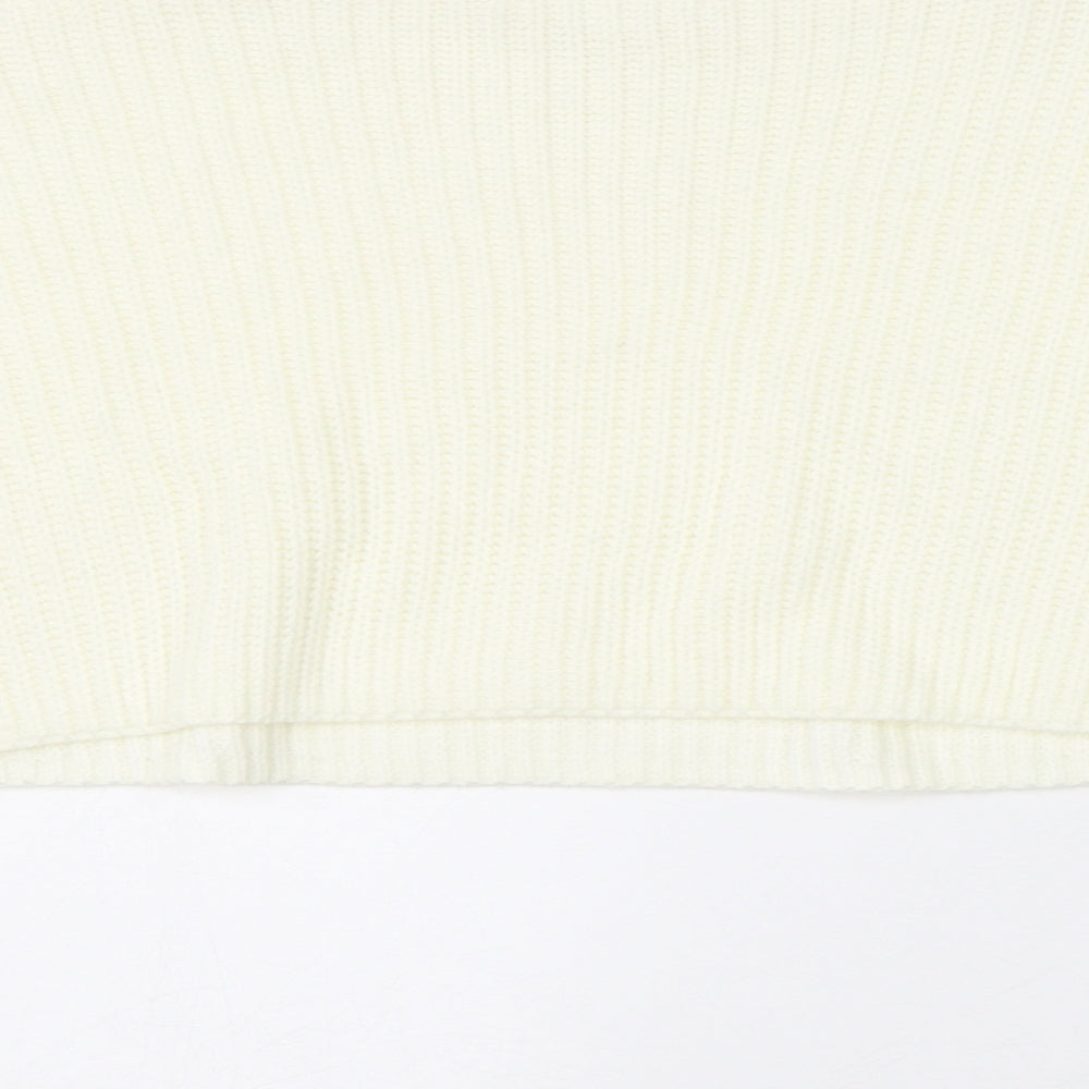 Brand and care label for Missguided women’s white round neck acrylic jumper, size S