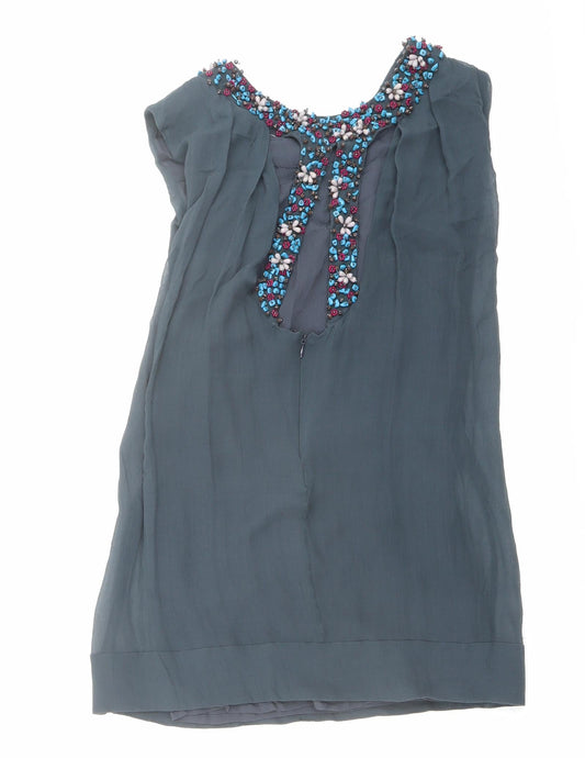 French Connection Womens Blue Silk Basic Blouse Size 10 Boat Neck - Embellished