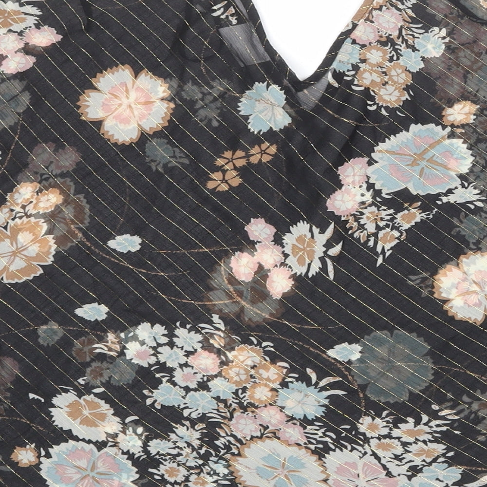 Brand and care label for Roman women’s black floral polyester basic blouse, size UK 10, v-neck
