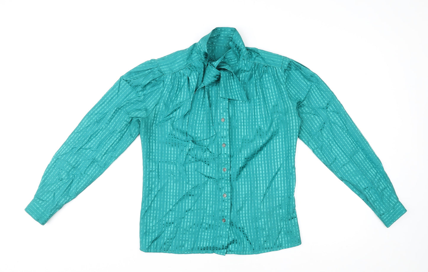 St Michael Womens Green Geometric Polyester Basic Button-Up Size 10 High Neck - Tie Neck Detail