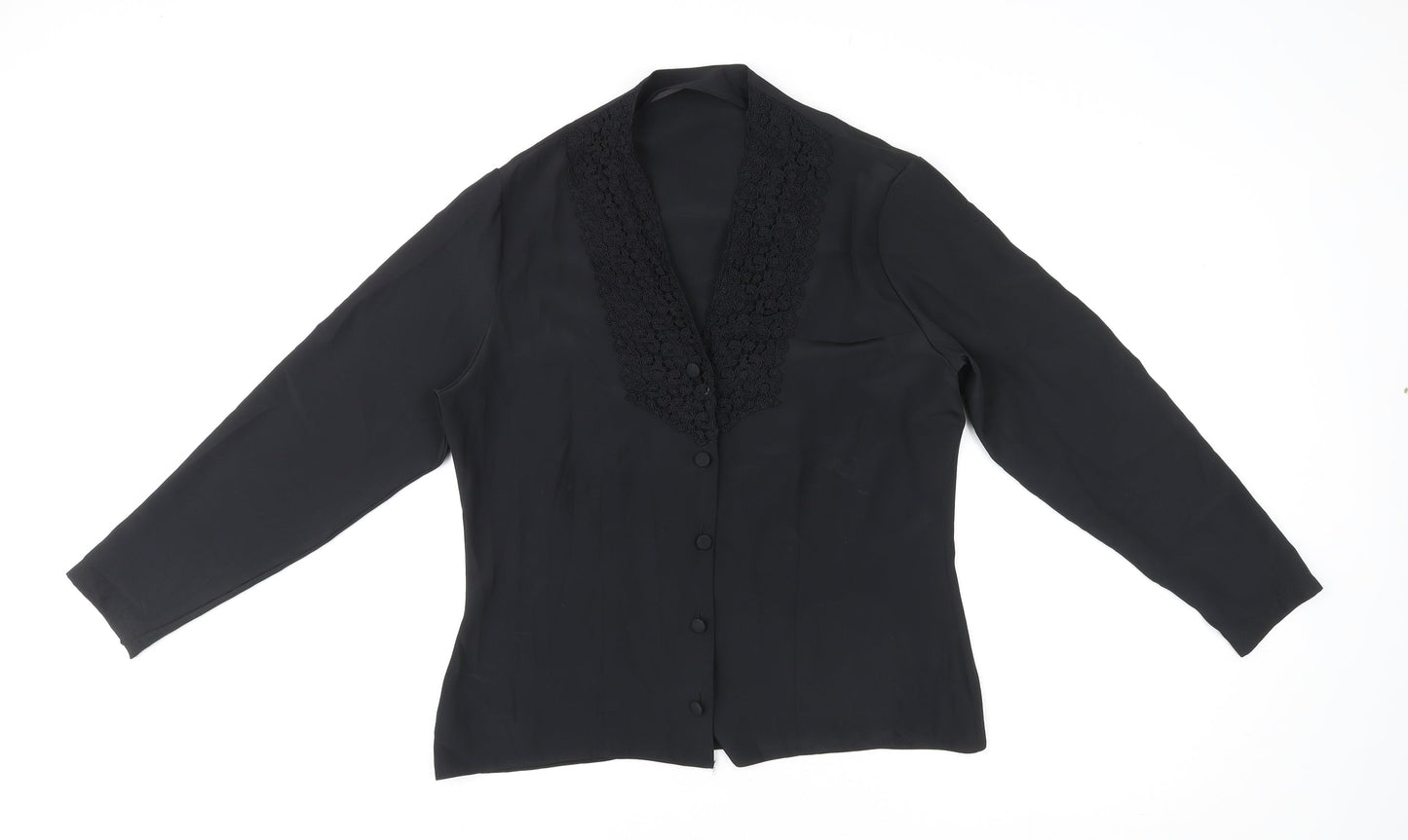 St Michael Womens Black Polyester Basic Button-Up Size 12 V-Neck - Crocheted Lace Detail