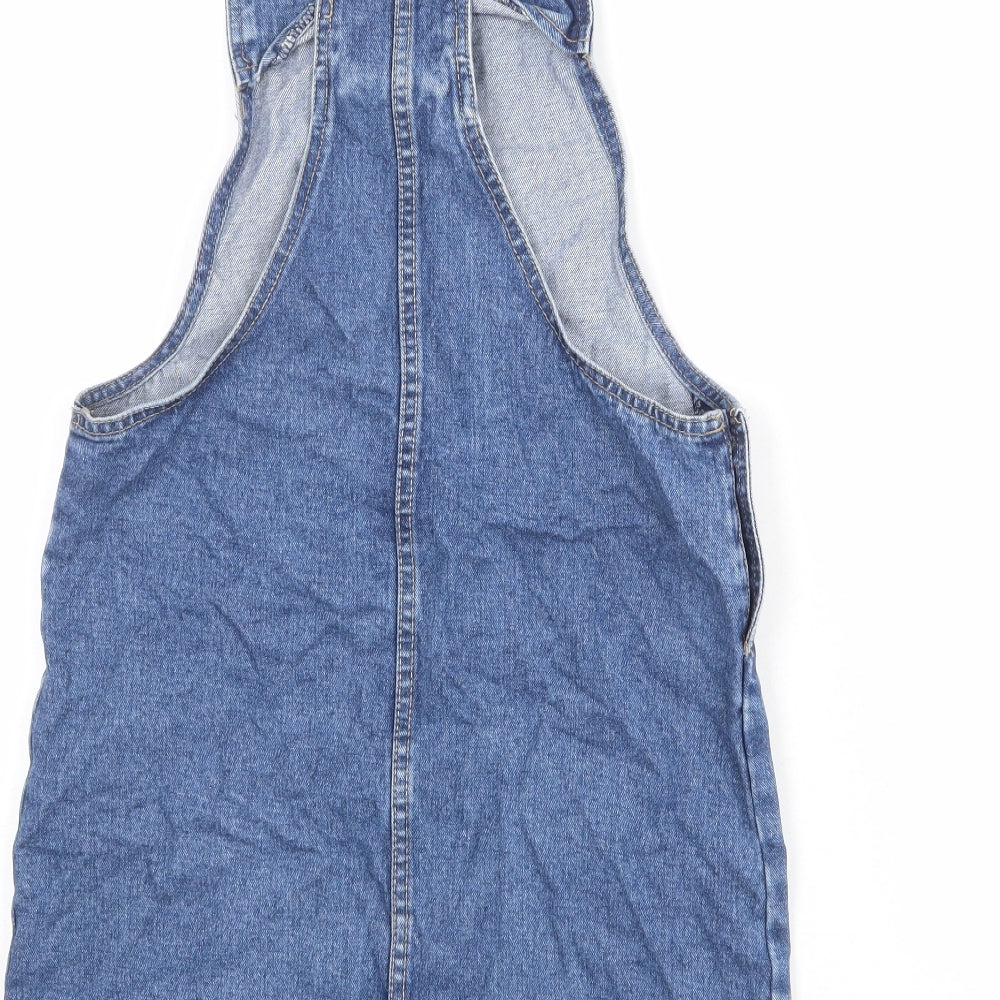 Brand and care label for Denim & Co. women’s blue 100% cotton pinafore/dungaree dress, size UK 6, round neck buckle