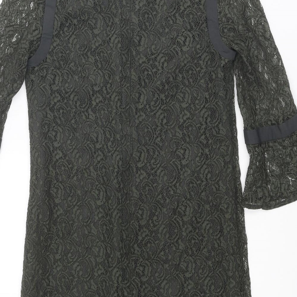 Brand and care label for French Connection women’s green geometric polyester mini, size UK 8, v-neck zip