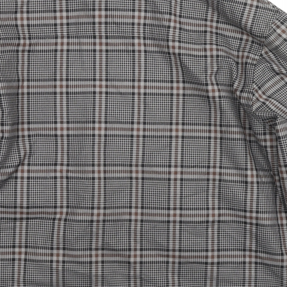 Brand and care label for ASOS women’s grey plaid jacket, size L, zip