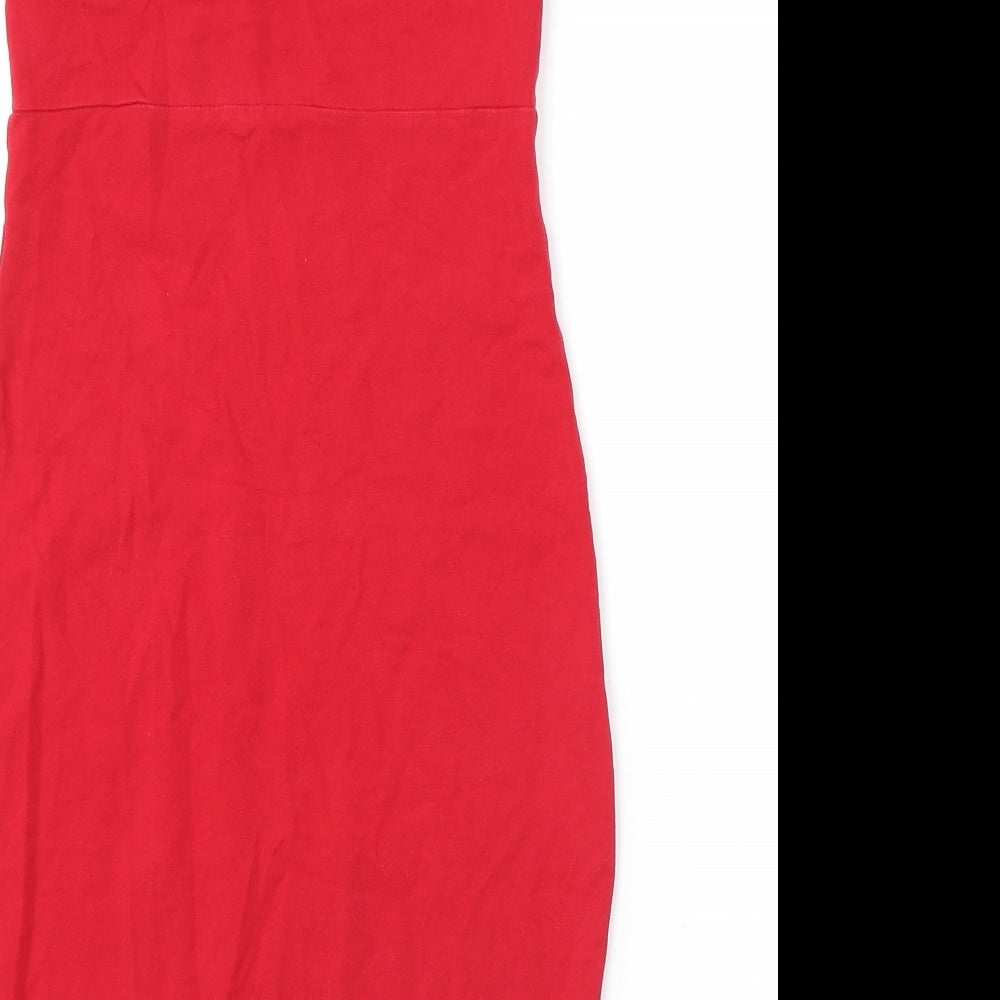 Brand and care label for Miss Selfridge women’s red cotton shift, size UK 8, round neck pullover