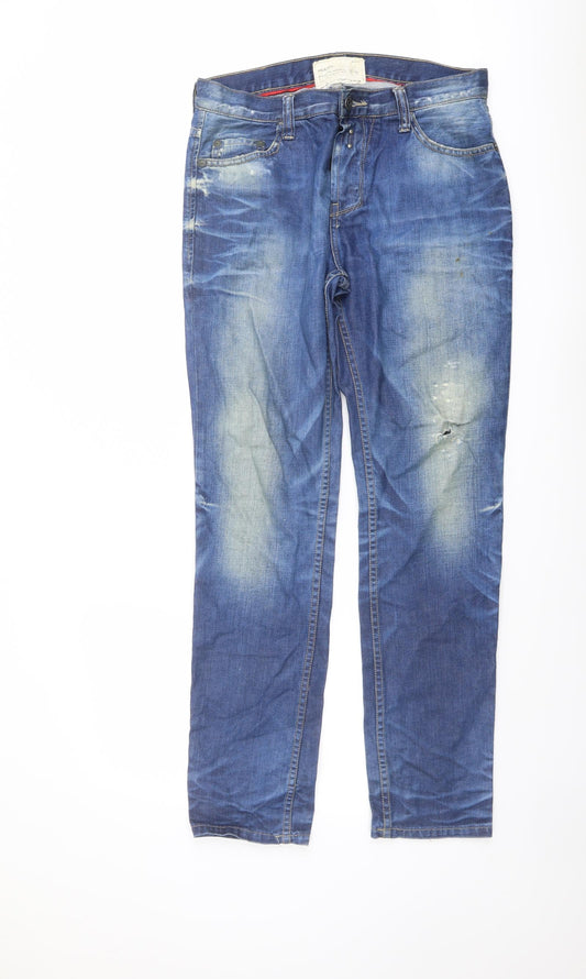 Pull&Bear Mens Blue Cotton Straight Jeans Size 32 in L32 in Regular Button
