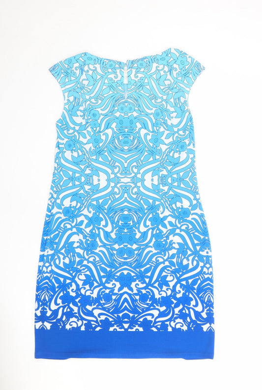 M&Co Womens Blue Geometric Polyester Shift Size 10 Boat Neck Button