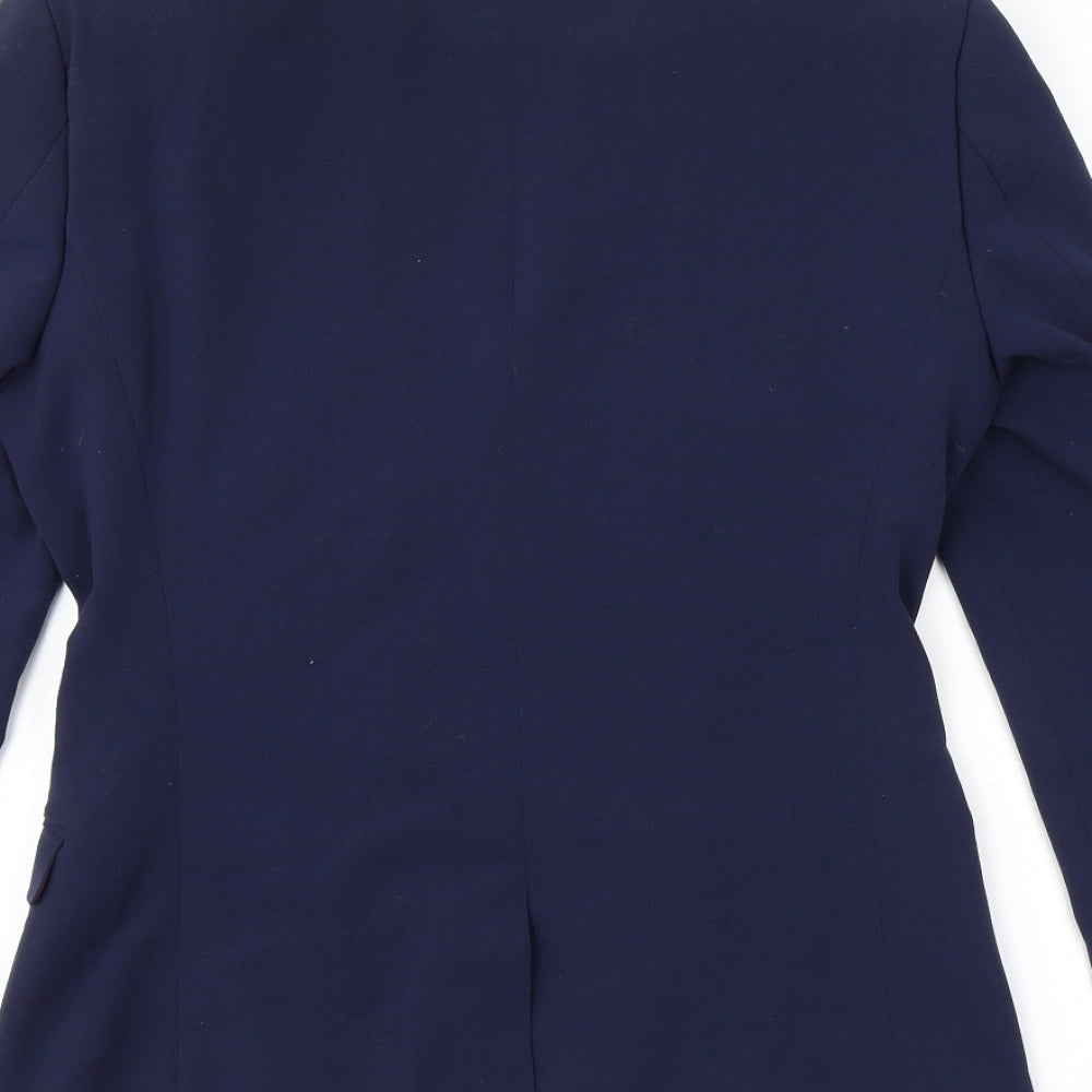 Brand and care label for ASOS men’s blue polyester jacket suit jacket, size 38, regular