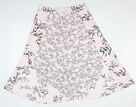 Marks and Spencer Womens Pink Floral Viscose A-Line Skirt Size 14 Zip