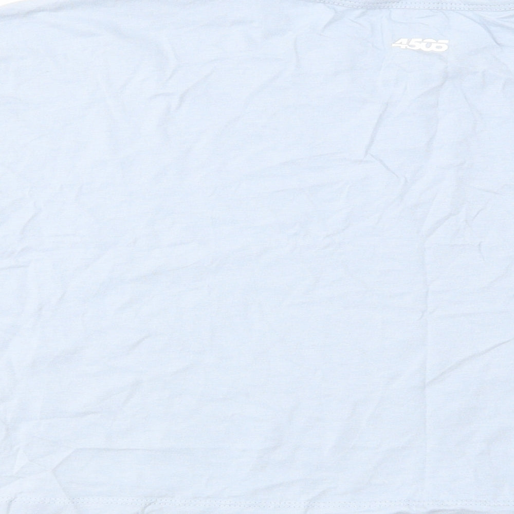 Brand and care label for ASOS women’s blue cotton cropped t-shirt, size UK 16, round neck