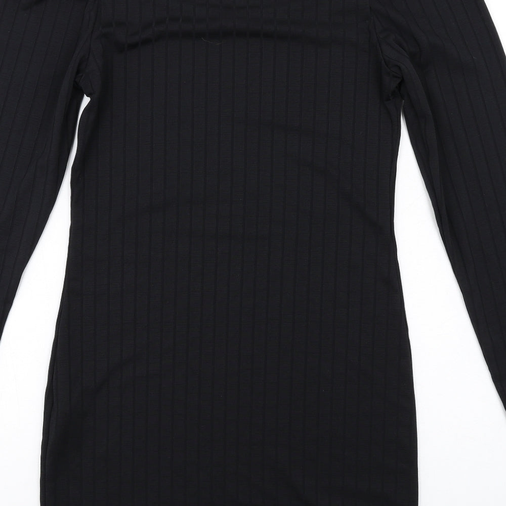 Brand and care label for Miss Selfridge women’s black polyester mini, size UK 10, boat neck pullover