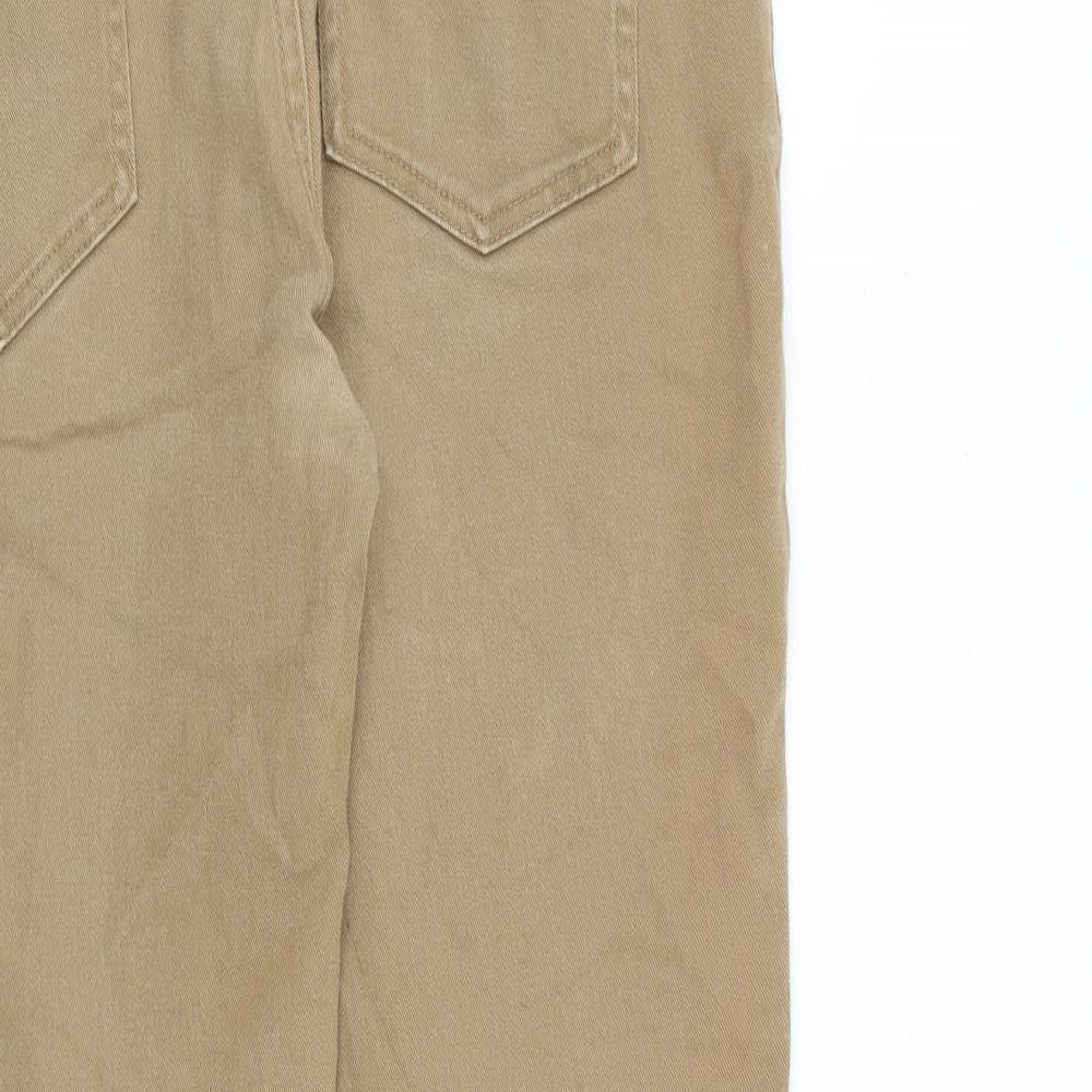 Brand and care label for Denim & Co. men’s brown cotton straight jeans, size 34, in, 30-inch leg slim zip