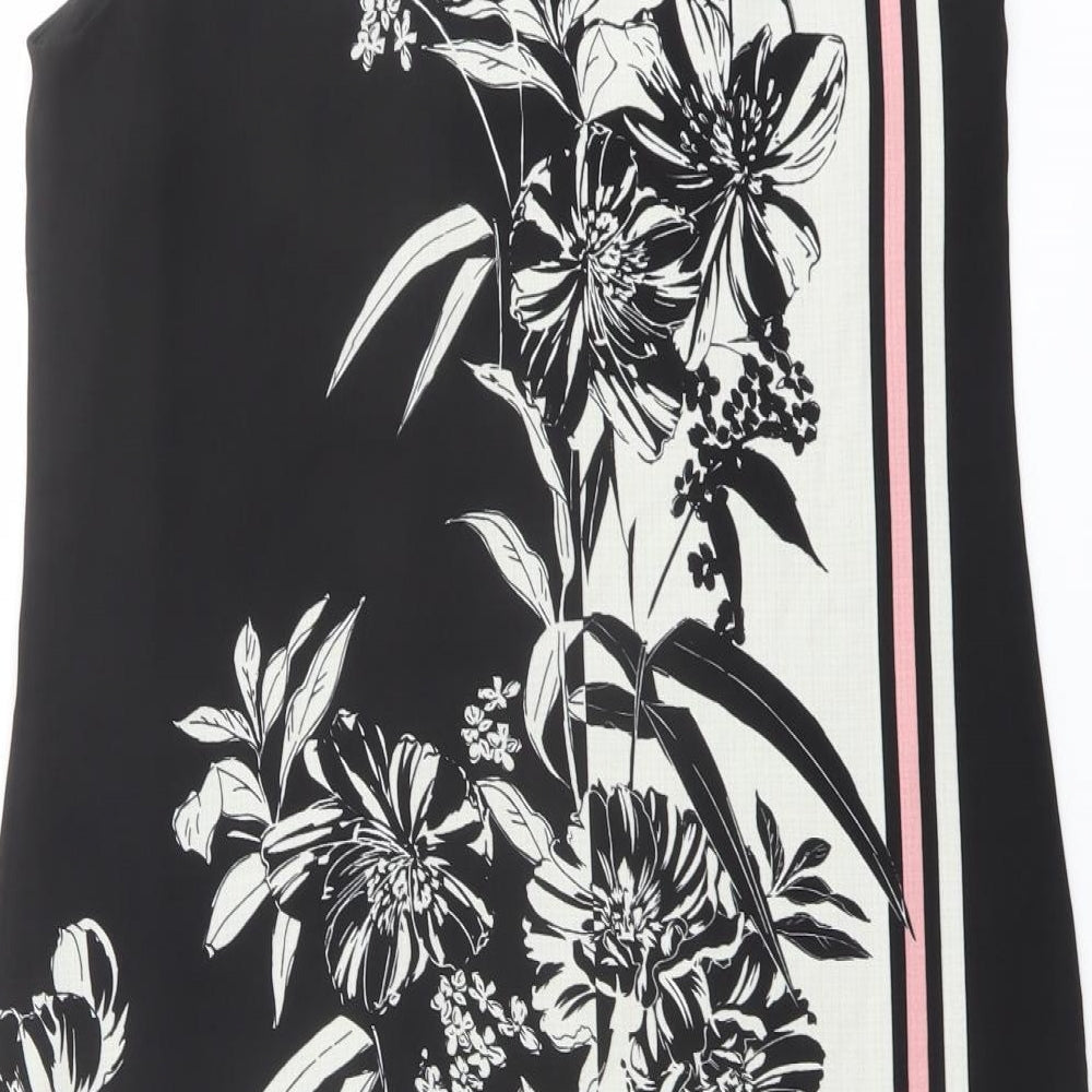 Brand and care label for Principles women’s black floral polyester shift, size UK 10, boat neck button