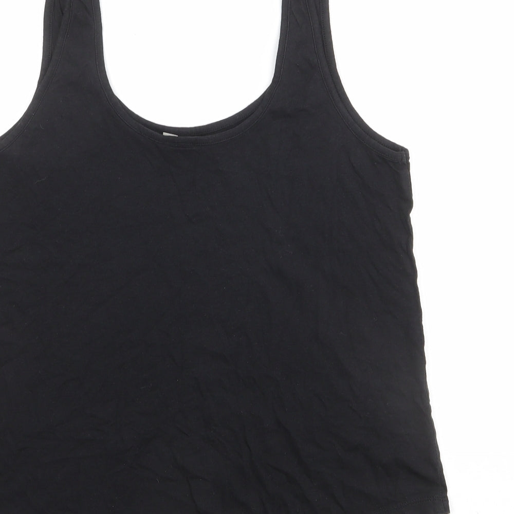 Brand and care label for ASOS women’s black cotton basic tank, size UK 12, round neck