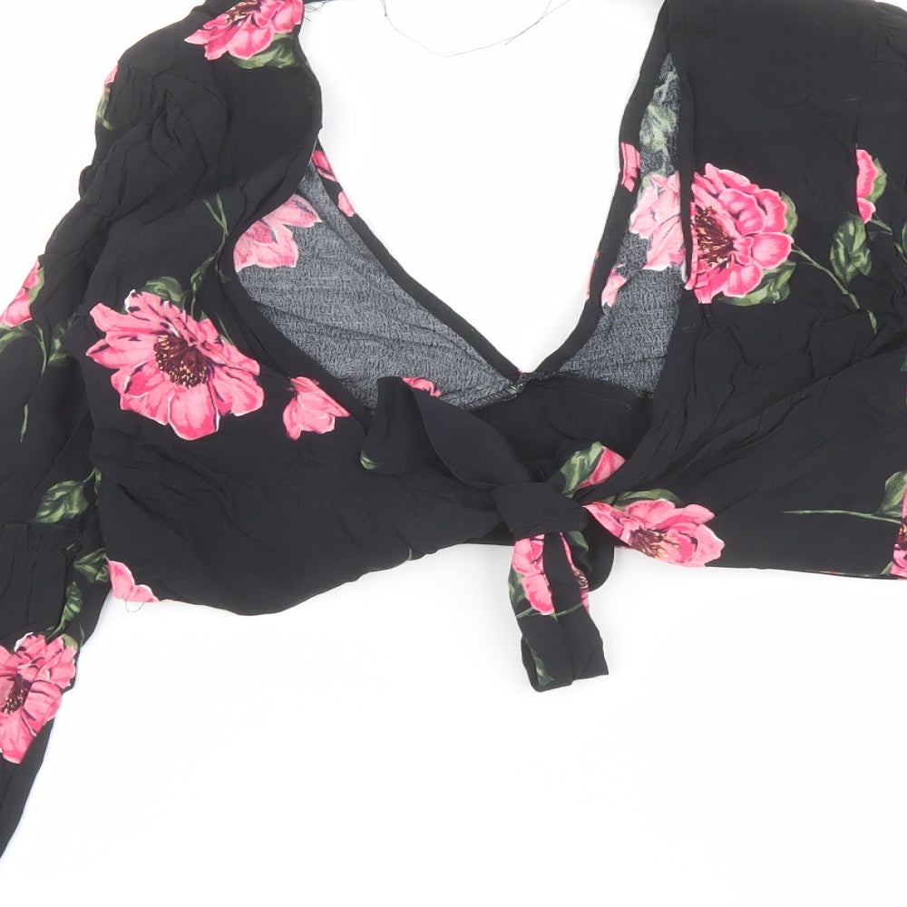 Nobody's Child Womens Black Floral Viscose Cropped Blouse Size 12 V-Neck