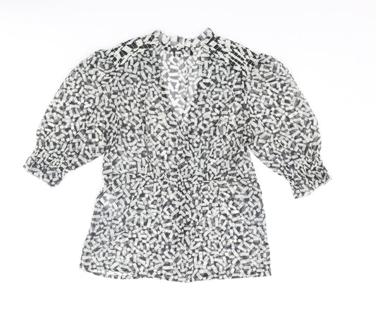 French Connection Womens Black Geometric Polyester Basic Button-Up Size 6 V-Neck