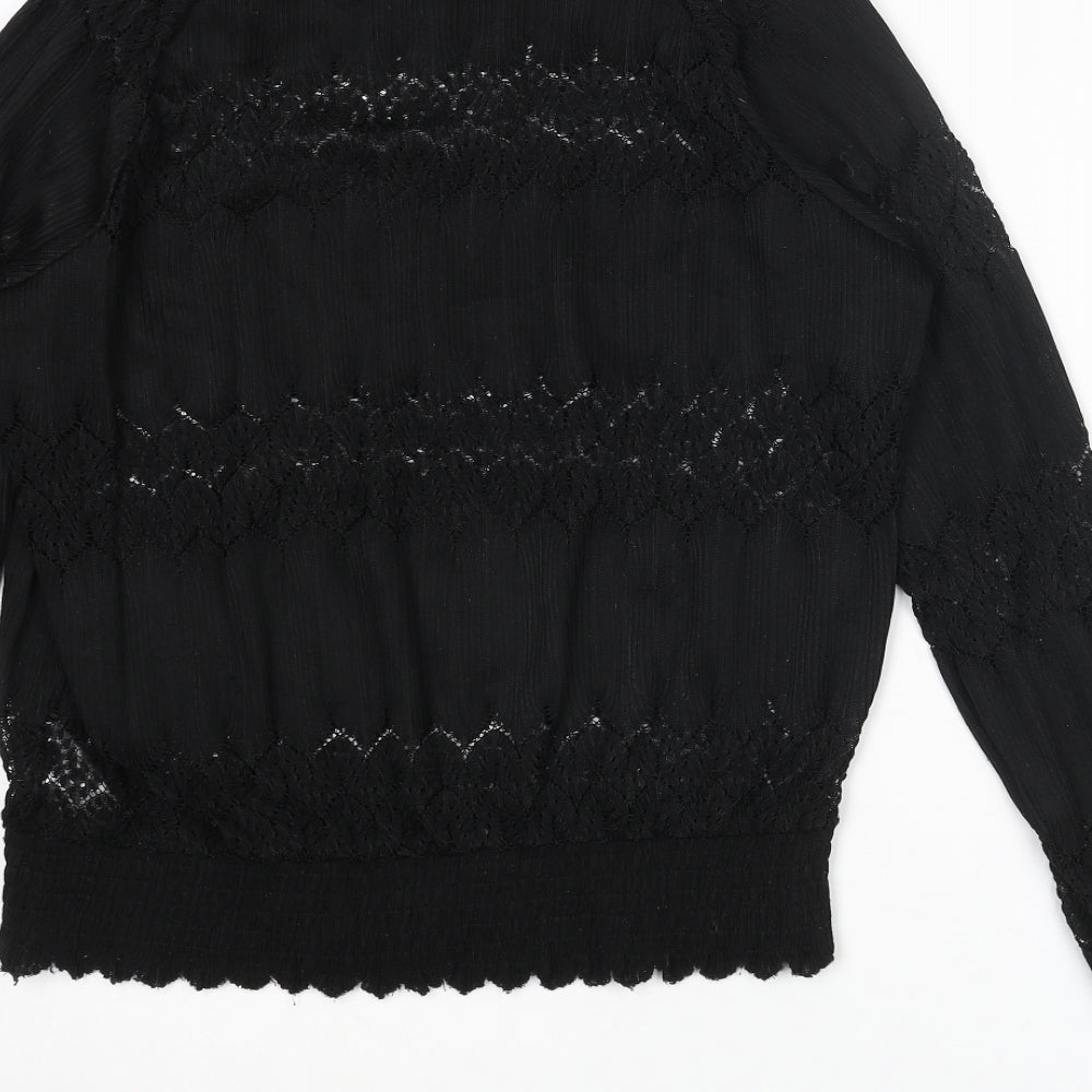 Brand and care label for b.young women’s black polyester basic blouse, size UK 14, mock neck - lace detail