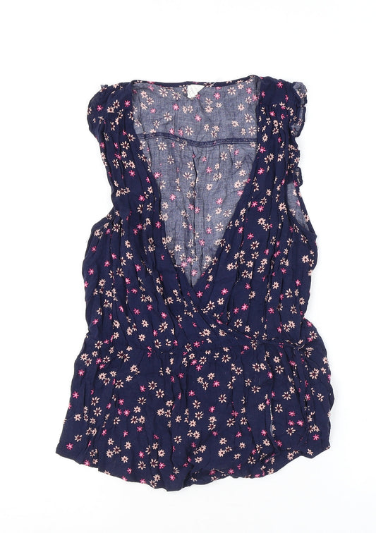 Gap Womens Blue Floral Viscose Basic Blouse Size S V-Neck