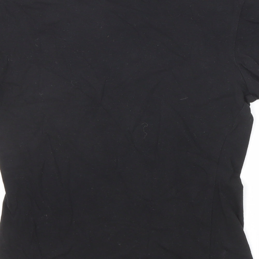 Brand and care label for ASOS women’s black cotton basic t-shirt, size UK 4, round neck