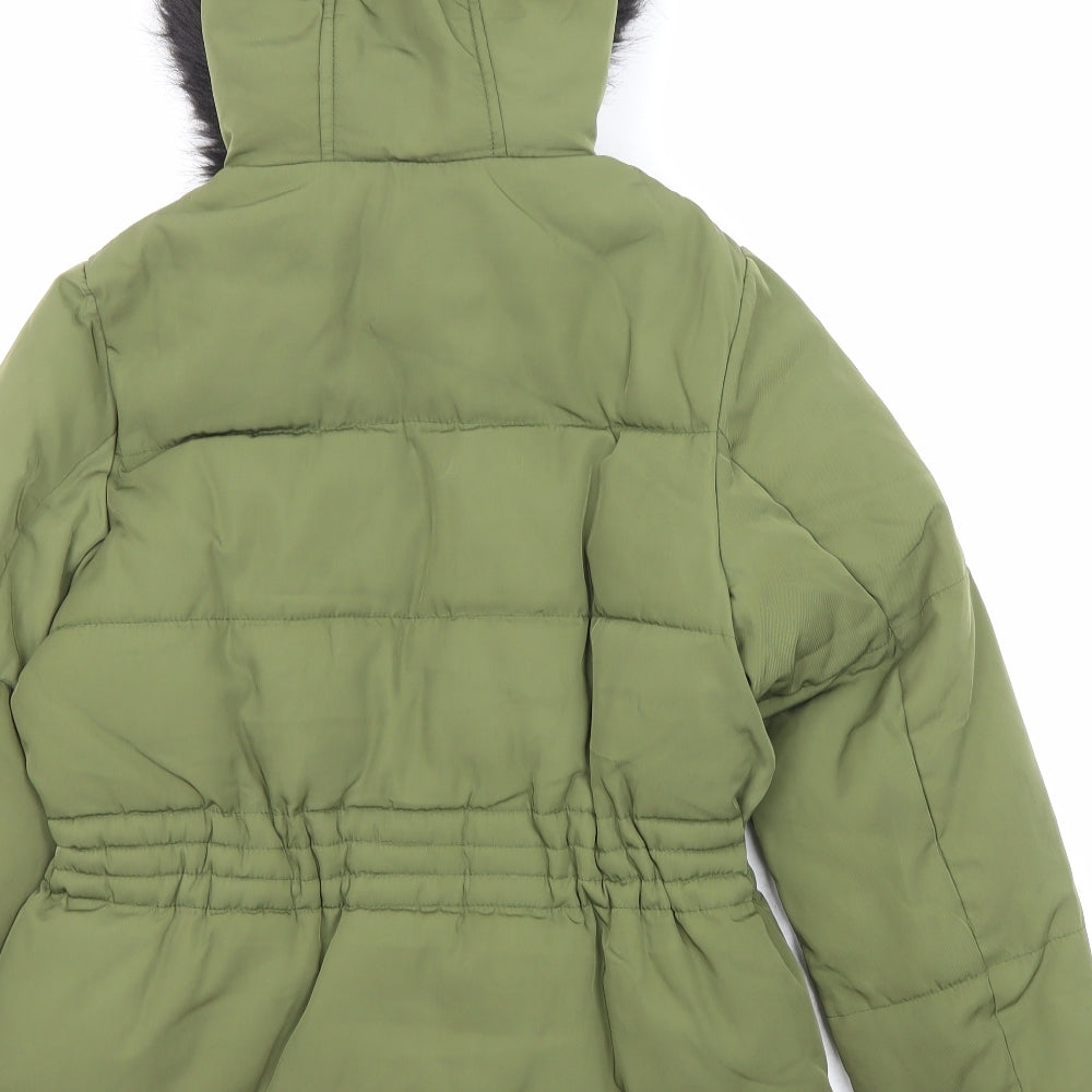 Brand and care label for ASOS women’s green jacket, size UK 8, zip