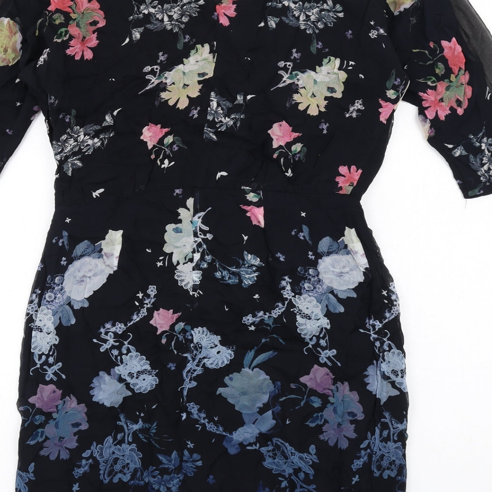 Brand and care label for French Connection women’s multicoloured floral viscose a-line, size UK 6, boat neck zip - mesg