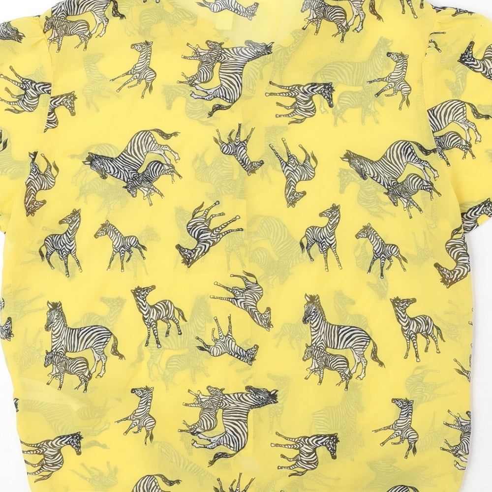 Brand and care label for Henry Holland women’s yellow animal print polyester basic button-up, size UK 6, collared - zebra