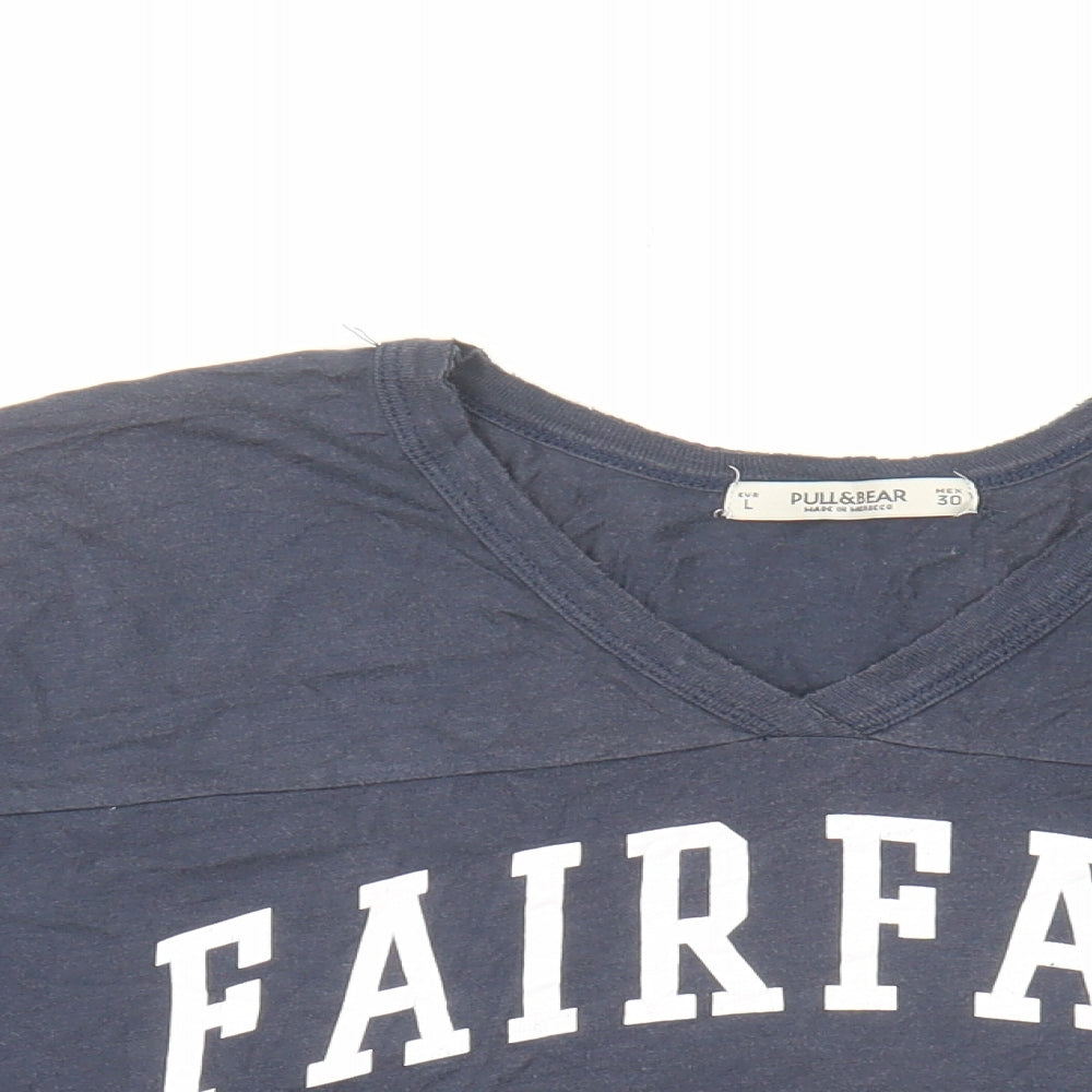 Pull&Bear Womens Blue Polyester Cropped T-Shirt Size L V-Neck