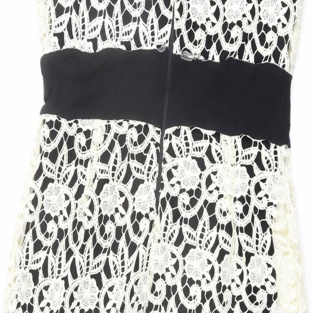 Brand and care label for Kaleidoscope women’s ivory polyester bodycon, size UK 12, round neck zip - lace