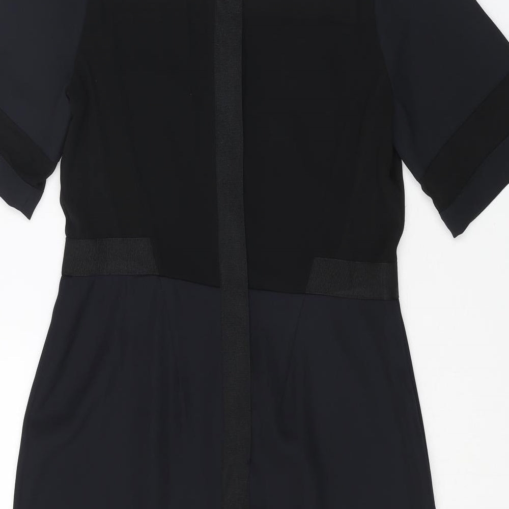 Brand and care label for ASOS women’s blue polyester a-line, size UK 10, round neck zip