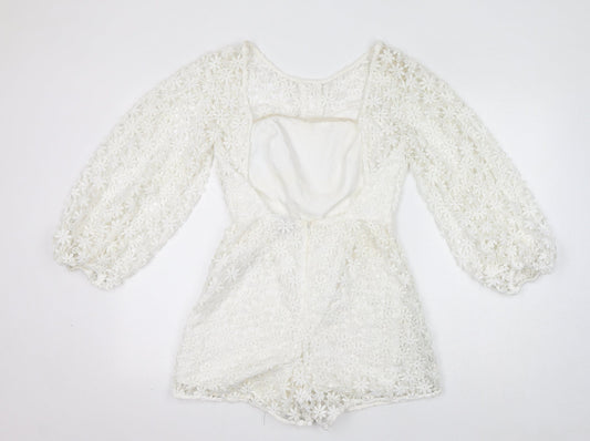 ASOS Womens White Floral Polyester Playsuit One-Piece Size 8 L13 in Zip - Open Back