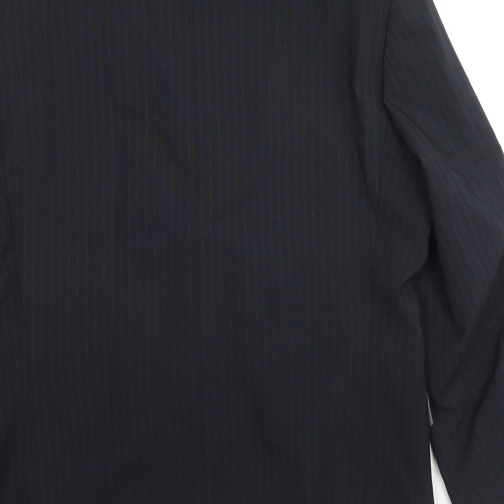 Brand and care label for C&A men’s black striped polyester jacket suit jacket, size 40, regular